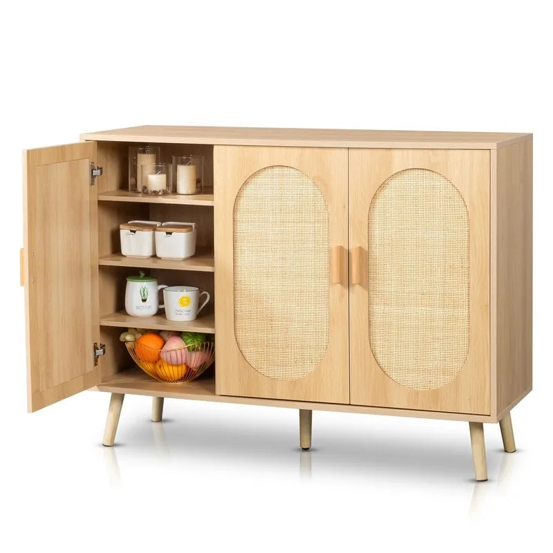 Moderner Rattan-Schuhschrank mit Doppeltüren und verstellbaren Einlegeböden, Akzentschrank für Wohnzimmer, Schlafzimmer, Flur