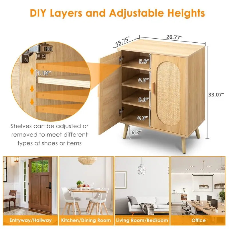 Moderner Rattan-Schuhschrank mit Doppeltüren und verstellbaren Einlegeböden, Akzentschrank für Wohnzimmer, Schlafzimmer, Flur