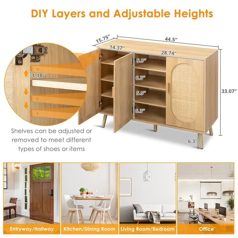 Moderner Rattan-Schuhschrank mit Doppeltüren und verstellbaren Einlegeböden, Akzentschrank für Wohnzimmer, Schlafzimmer, Flur