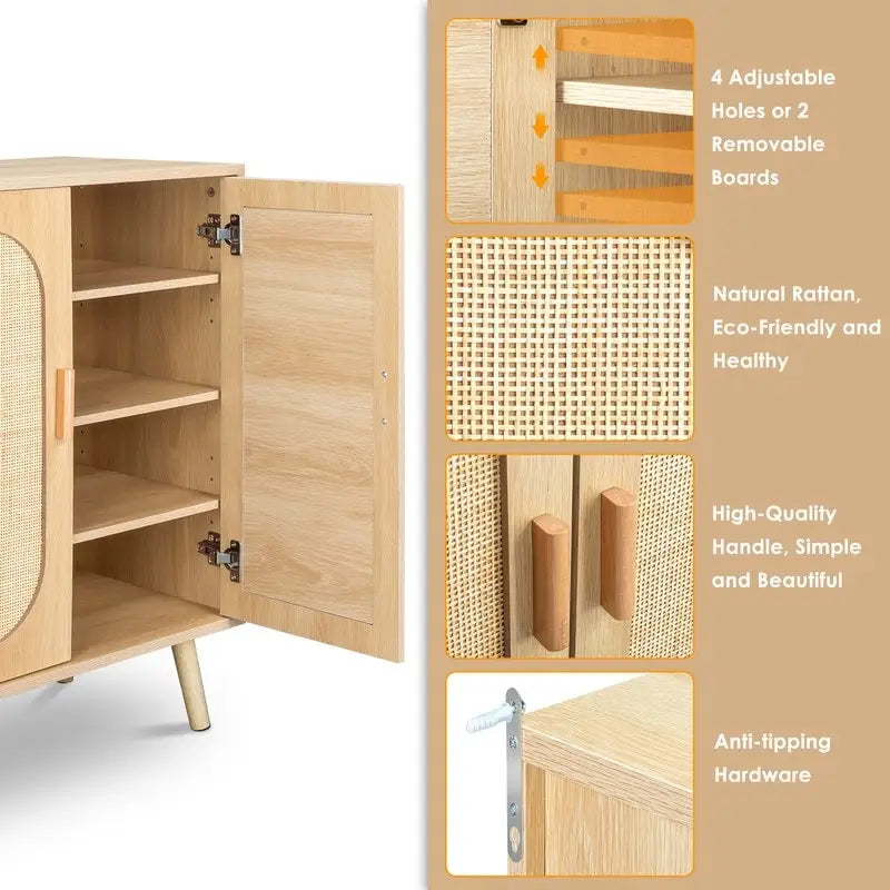 Moderner Rattan-Schuhschrank mit Doppeltüren und verstellbaren Einlegeböden, Akzentschrank für Wohnzimmer, Schlafzimmer, Flur