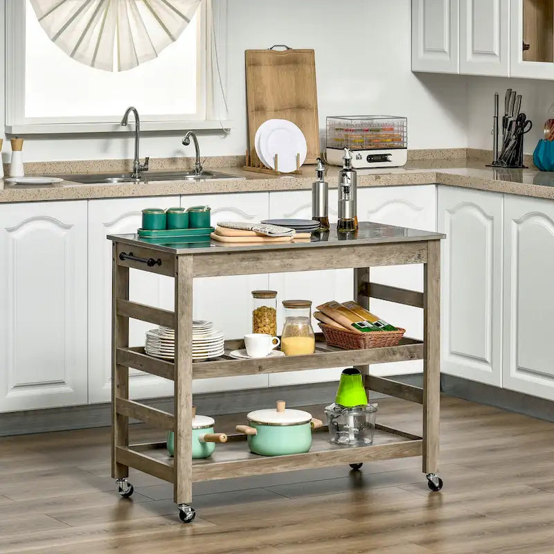  Kitchen Cart Rolling Kitchen Island Utility Trolley with Stainless Steel Top & Storage Wine Rack - 42.5  W x 19  D x 35  H