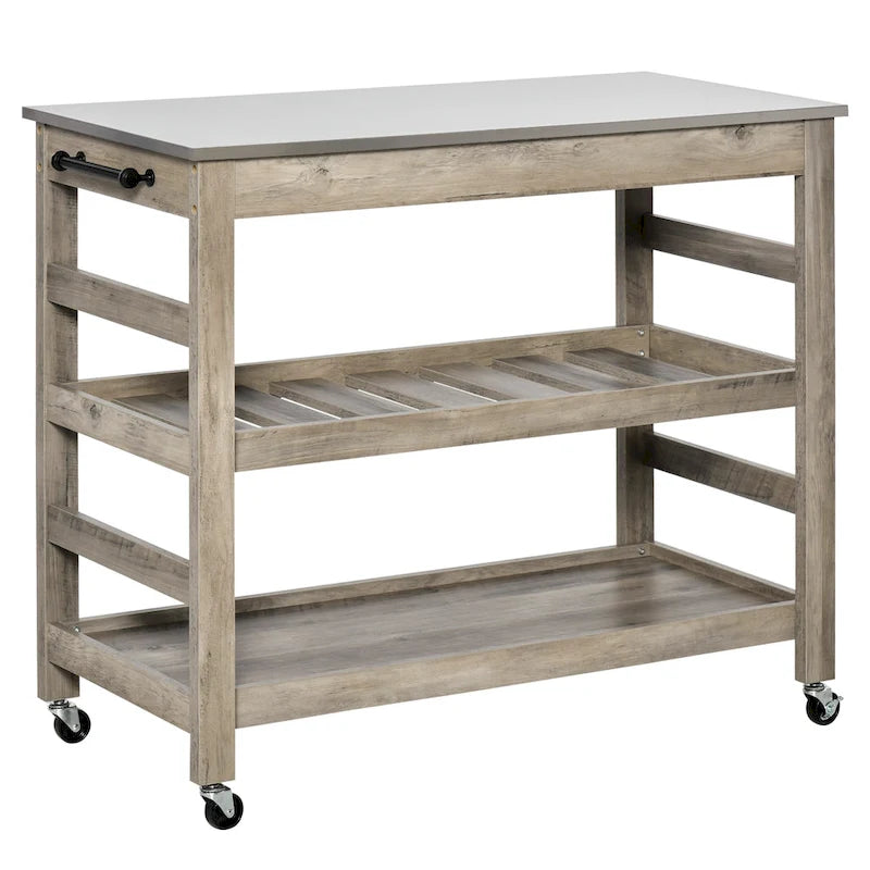 Küchenwagen Rollender Kücheninsel Servierwagen mit Edelstahlplatte & Weinregal - 108 cm B x 48 cm T x 89 cm H