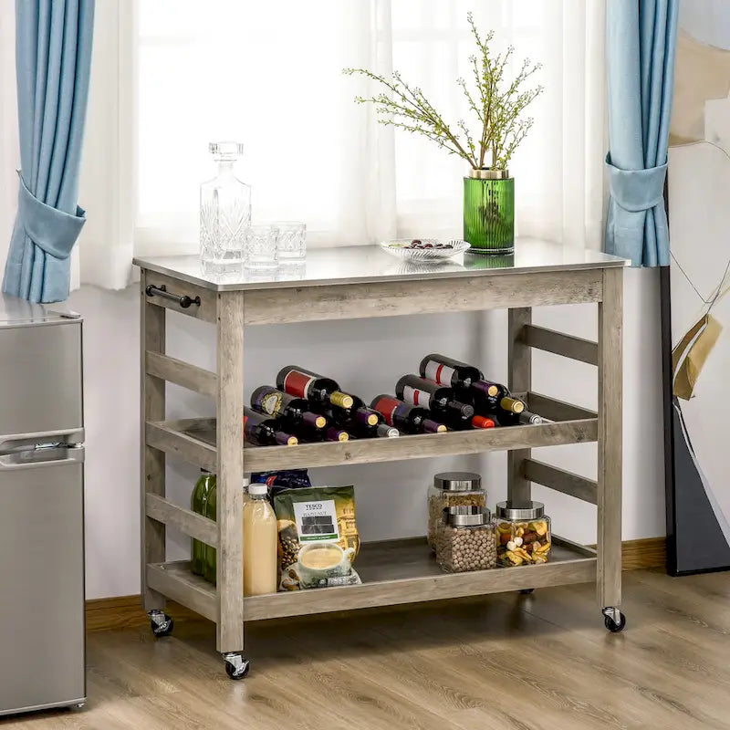 Küchenwagen Rollender Kücheninsel Servierwagen mit Edelstahlplatte & Weinregal - 108 cm B x 48 cm T x 89 cm H