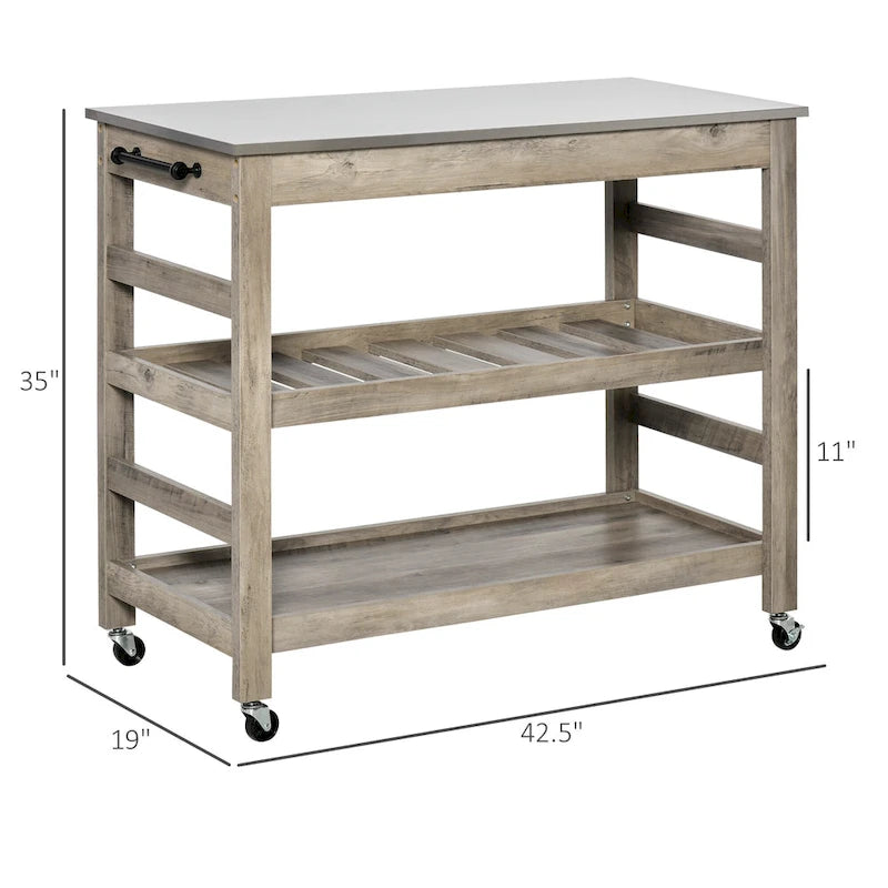 Küchenwagen Rollender Kücheninsel Servierwagen mit Edelstahlplatte & Weinregal - 108 cm B x 48 cm T x 89 cm H