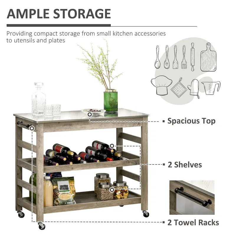 Küchenwagen Rollender Kücheninsel Servierwagen mit Edelstahlplatte & Weinregal - 108 cm B x 48 cm T x 89 cm H