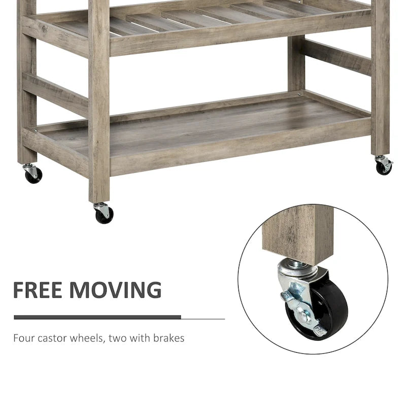 Küchenwagen Rollender Kücheninsel Servierwagen mit Edelstahlplatte & Weinregal - 108 cm B x 48 cm T x 89 cm H