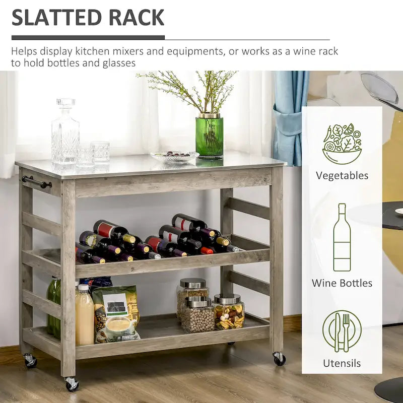 Küchenwagen Rollender Kücheninsel Servierwagen mit Edelstahlplatte & Weinregal - 108 cm B x 48 cm T x 89 cm H