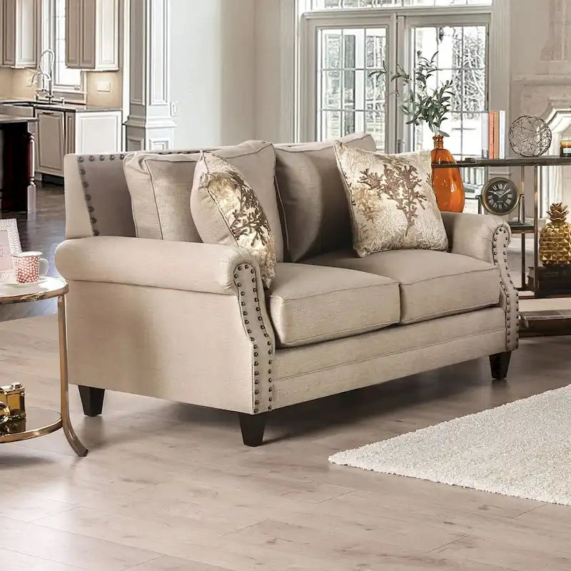  Qyn Traditional Beige Solid Wood Padded Loveseat