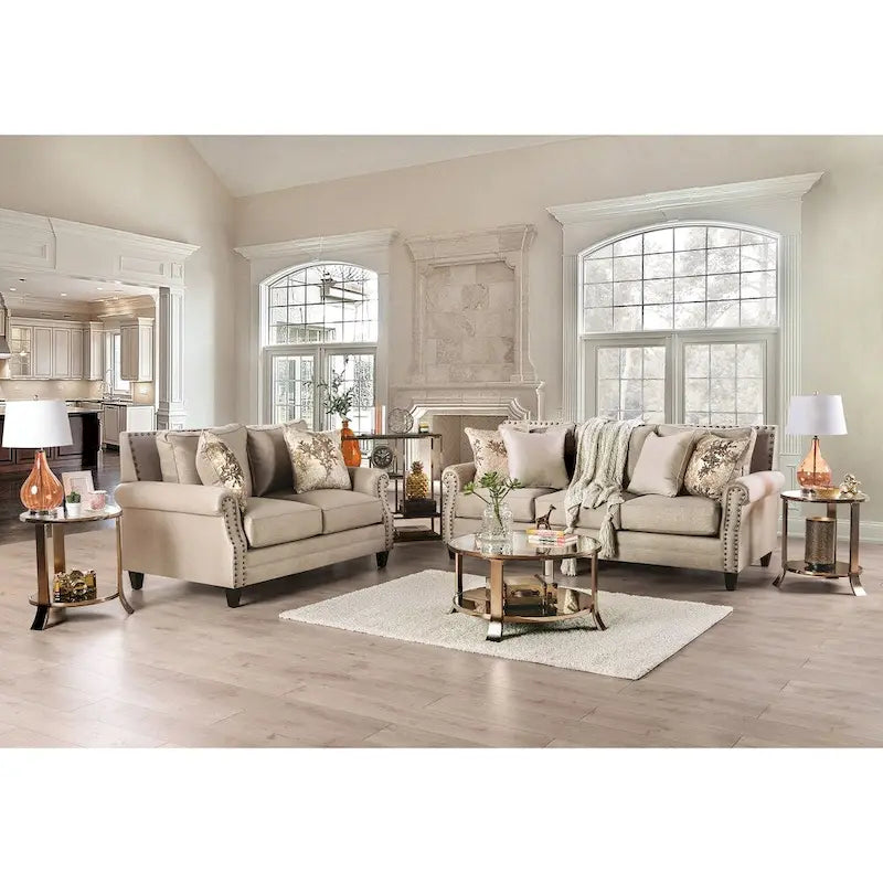 Qyn Traditionelles gepolstertes Sofa aus massivem Holz in Beige