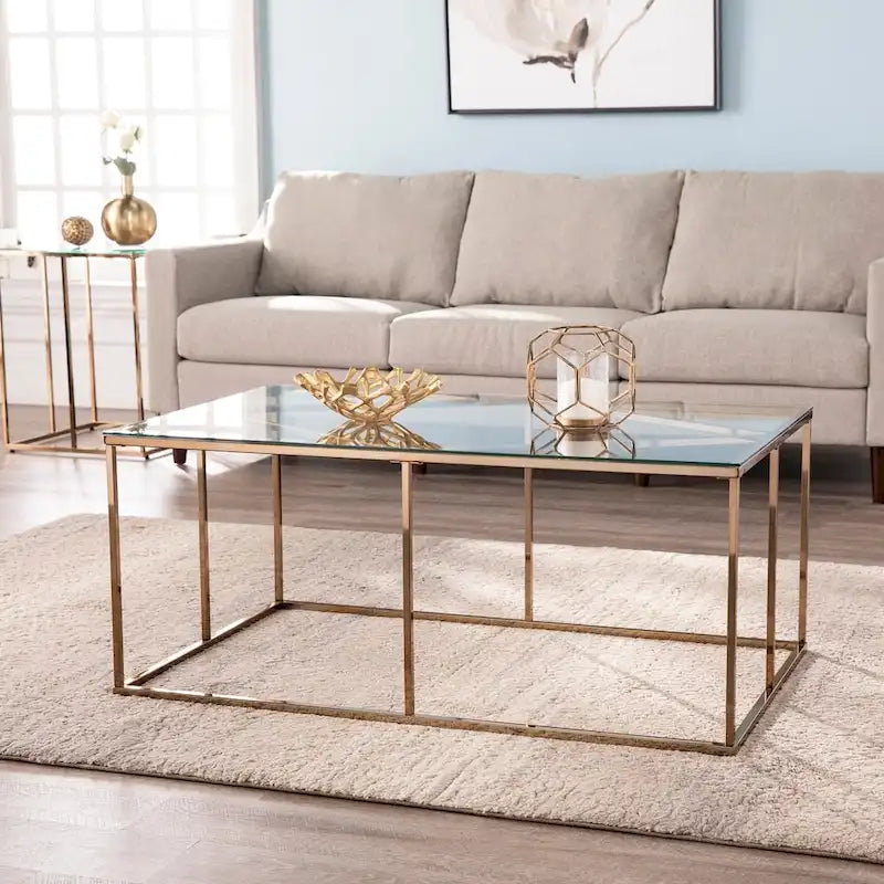  Nindel Contemporary Glass Top Champagne Metal Coffee Table
