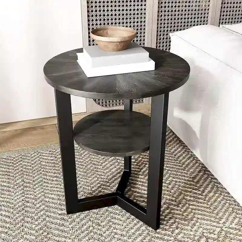 End Table Solid Wood 2-Tier Circle Side Table Nightstand - 19'3   x 24  