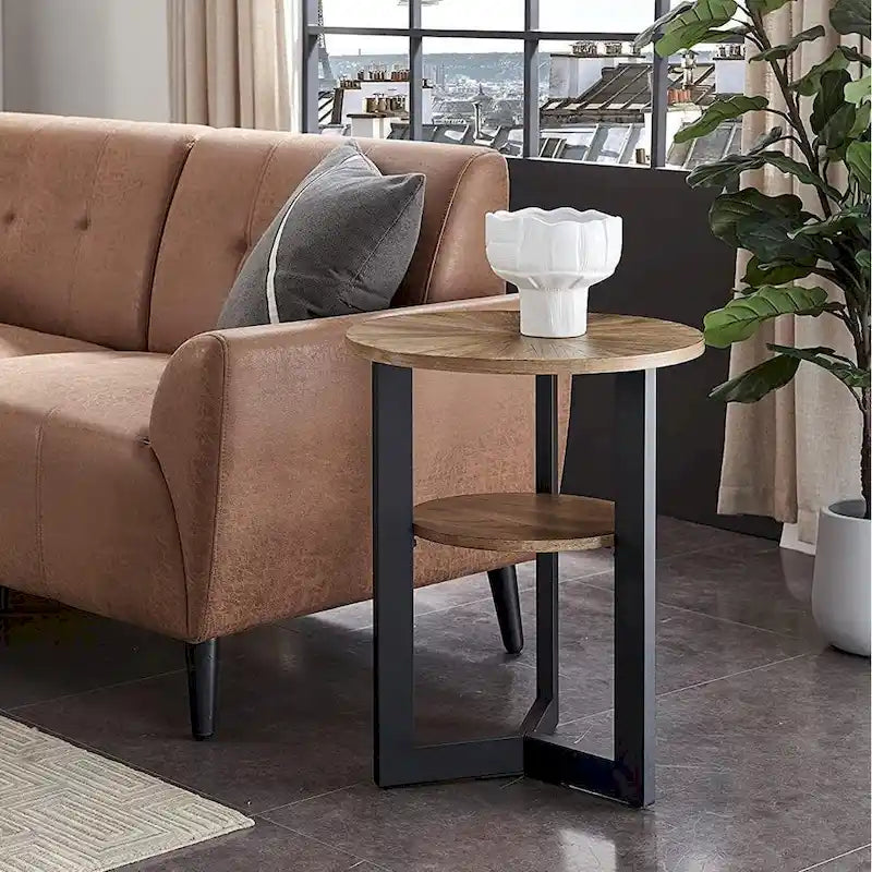 Beistelltisch aus Massivholz, rund, 2 Ebenen, Nachttisch – 19'3 x 24