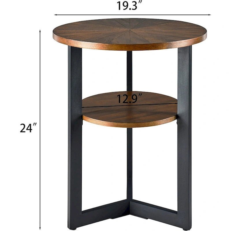 Beistelltisch aus Massivholz, rund, 2 Ebenen, Nachttisch – 19'3 x 24