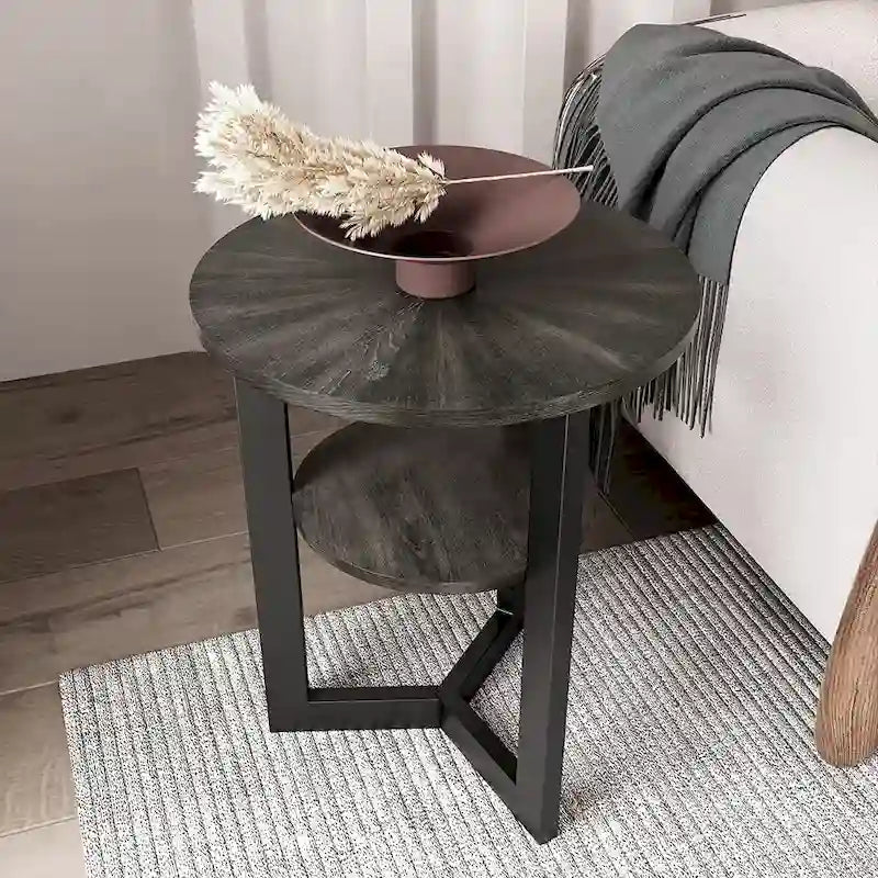 Beistelltisch aus Massivholz, rund, 2 Ebenen, Nachttisch – 19'3 x 24