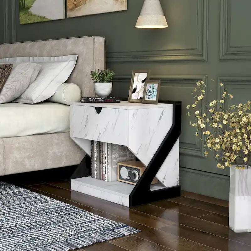 DH BASIC Modern White Faux Marble 1-Drawer Nightstand Side Table by 
