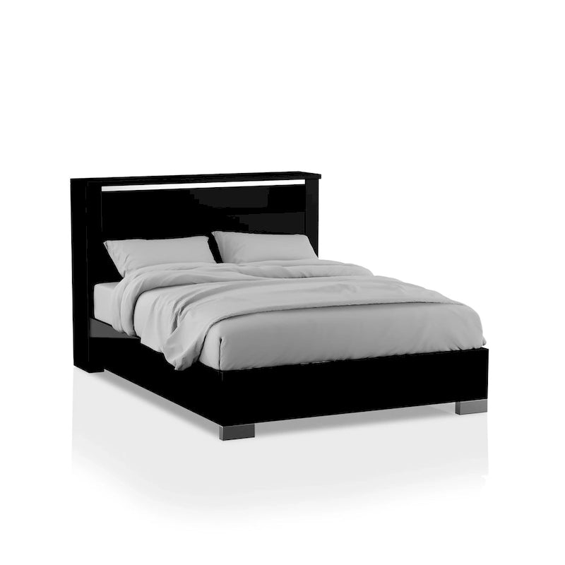 Lofa Modernes Bett mit schwarzen Holzpaneelen und LED-Beleuchtung