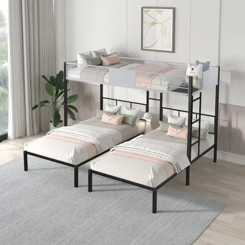 Dreifach-Etagenbett mit Belüftungsplatte/ stabiler Metallrahmen/ geräuschfreie Holzlattenroste/ in drei Betten teilbar/ kein Boxspring erforderlich