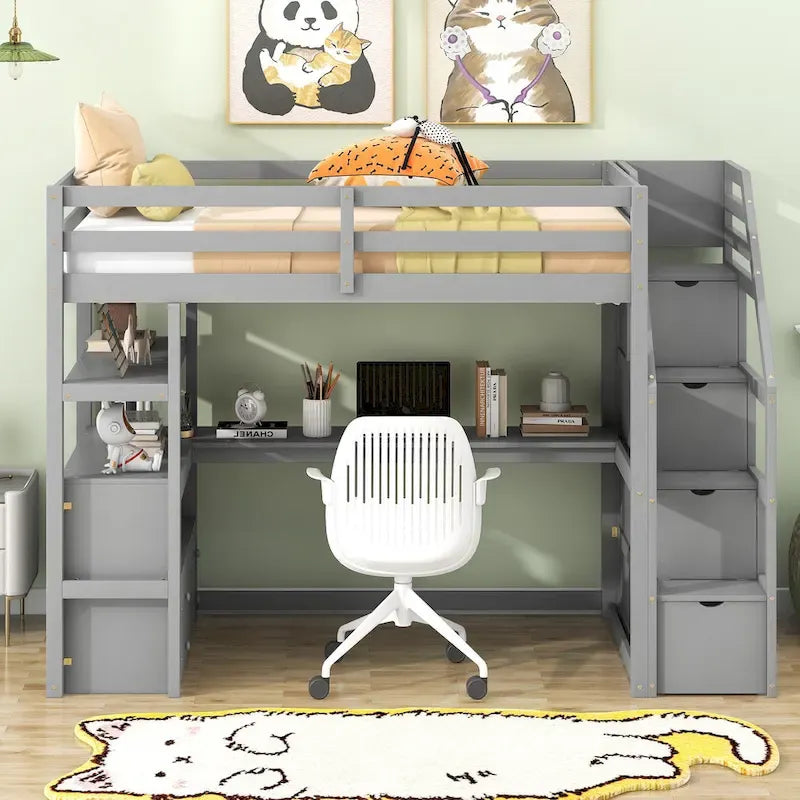 Hochbett für Kinder/Jugendliche mit Schreibtisch und Regalen, zwei integrierten Schubladen