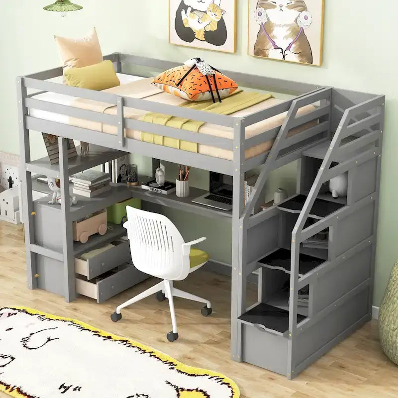 Hochbett für Kinder/Jugendliche mit Schreibtisch und Regalen, zwei integrierten Schubladen