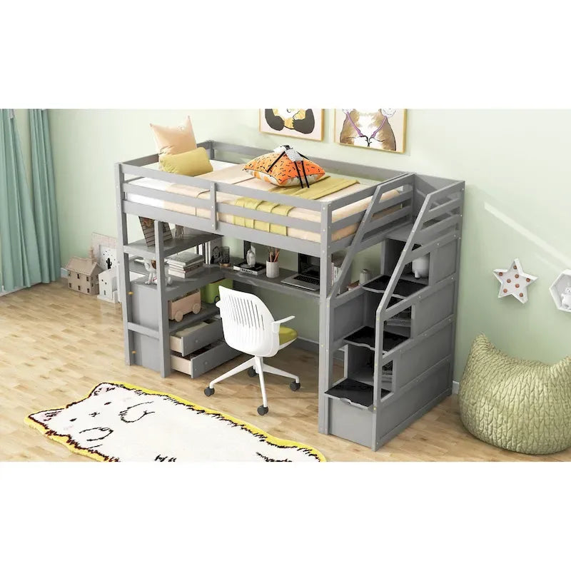 Hochbett für Kinder/Jugendliche mit Schreibtisch und Regalen, zwei integrierten Schubladen