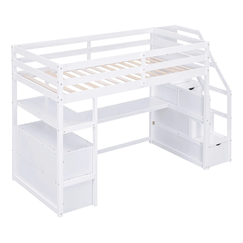 Hochbett für Kinder/Jugendliche mit Schreibtisch und Regalen, zwei integrierten Schubladen