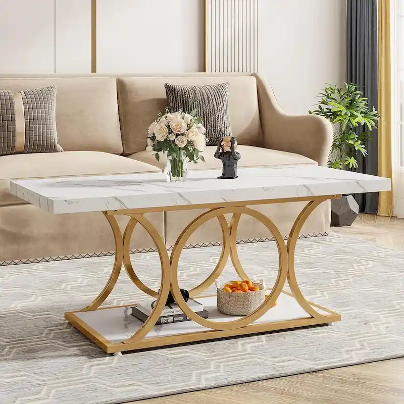 47,24 Zoll Rechteckiger Couchtisch, 2-stufige moderne Couchtische in Marmoroptik