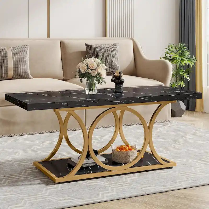 47,24 Zoll Rechteckiger Couchtisch, 2-stufige moderne Couchtische in Marmoroptik