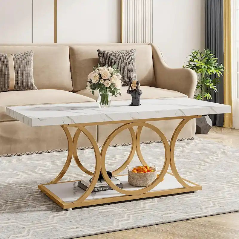 47,24 Zoll Rechteckiger Couchtisch, 2-stufige moderne Couchtische in Marmoroptik