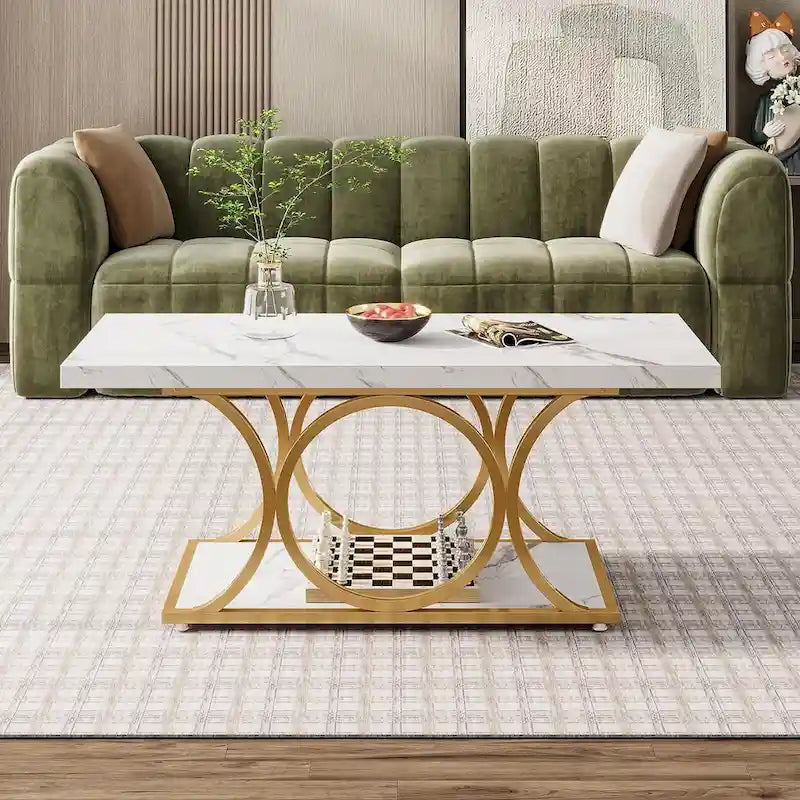47,24 Zoll Rechteckiger Couchtisch, 2-stufige moderne Couchtische in Marmoroptik
