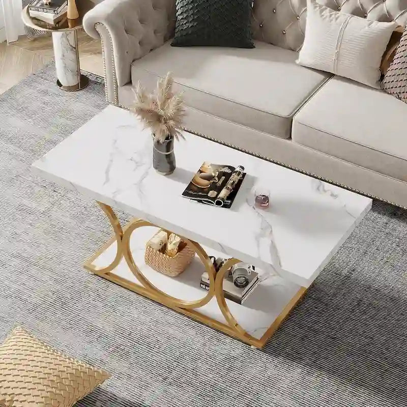 47,24 Zoll Rechteckiger Couchtisch, 2-stufige moderne Couchtische in Marmoroptik
