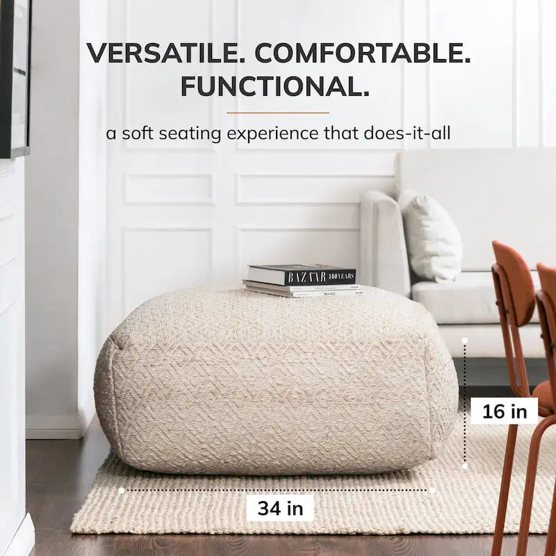 Jani Willamette 86 cm Beigefarbener Quadratischer Übergroßer Pouf-Hocker - Stylische Fußablage für Wohnzimmer, Schlafzimmer
