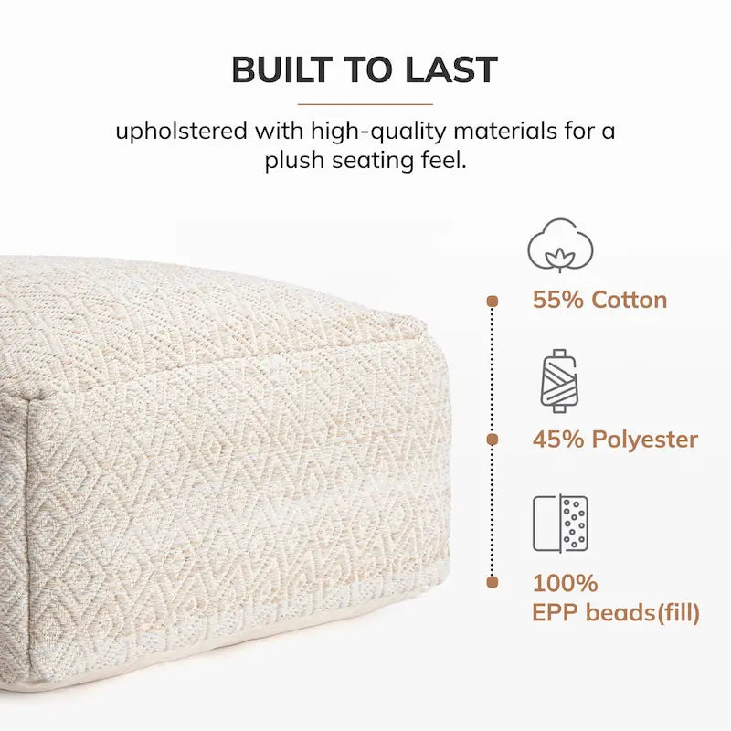 Jani Willamette 86 cm Beigefarbener Quadratischer Übergroßer Pouf-Hocker - Stylische Fußablage für Wohnzimmer, Schlafzimmer