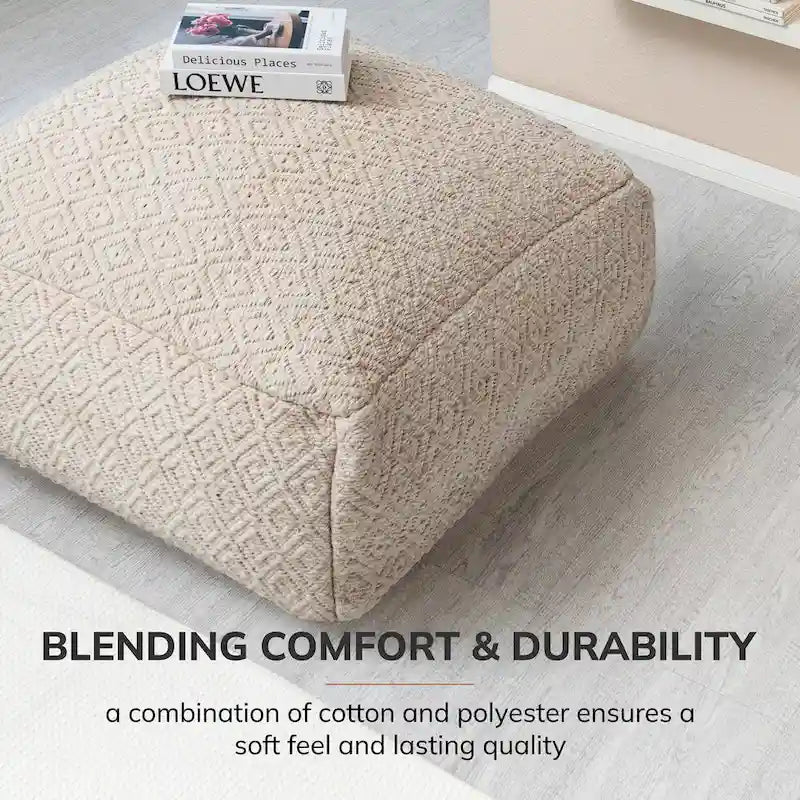 Jani Willamette 86 cm Beigefarbener Quadratischer Übergroßer Pouf-Hocker - Stylische Fußablage für Wohnzimmer, Schlafzimmer