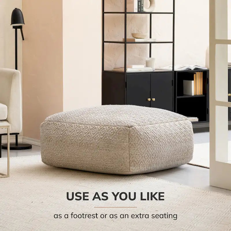 Jani Willamette 86 cm Beigefarbener Quadratischer Übergroßer Pouf-Hocker - Stylische Fußablage für Wohnzimmer, Schlafzimmer