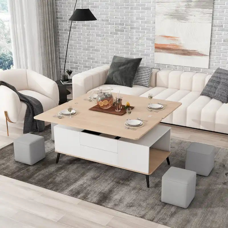 5-teiliges Couchtisch-Set mit aufklappbarer Tischplatte und Stauraum, umwandelbar zum Esstisch