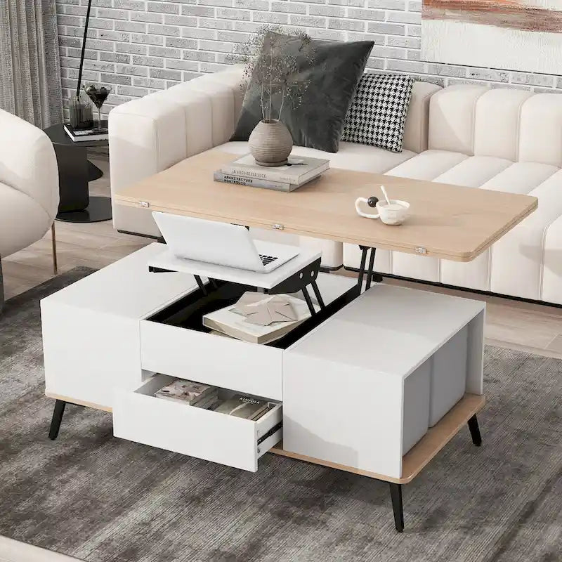 5-teiliges Couchtisch-Set mit aufklappbarer Tischplatte und Stauraum, umwandelbar zum Esstisch