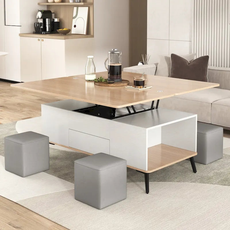 5-teiliges Couchtisch-Set mit aufklappbarer Tischplatte und Stauraum, umwandelbar zum Esstisch