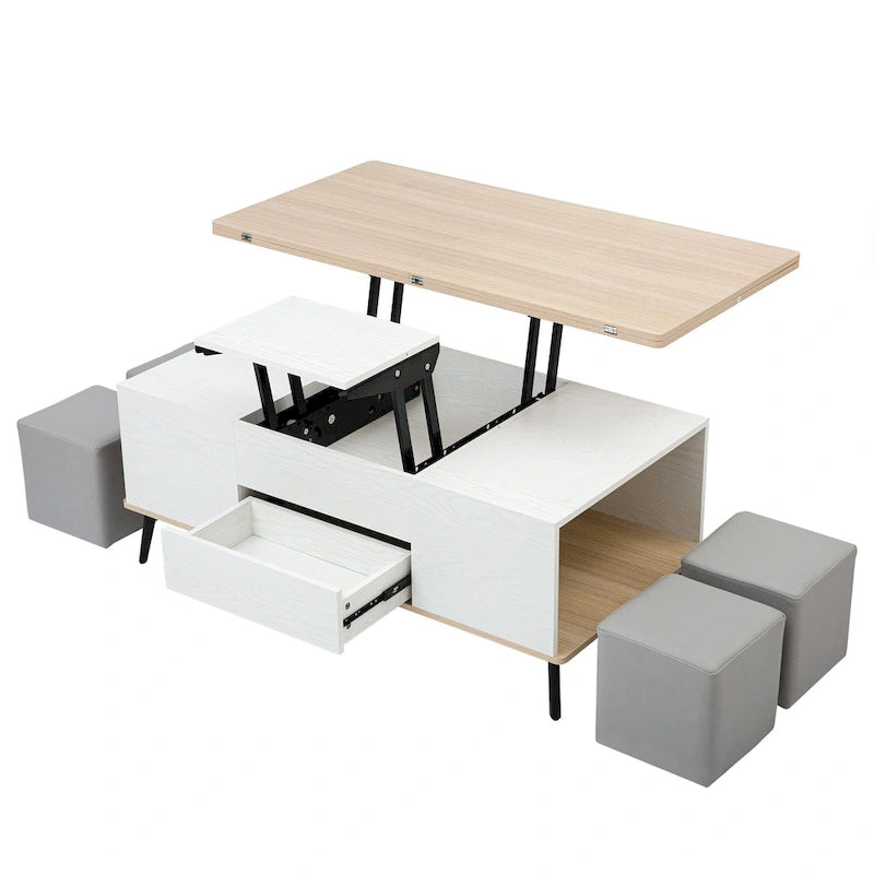 5-teiliges Couchtisch-Set mit aufklappbarer Tischplatte und Stauraum, umwandelbar zum Esstisch