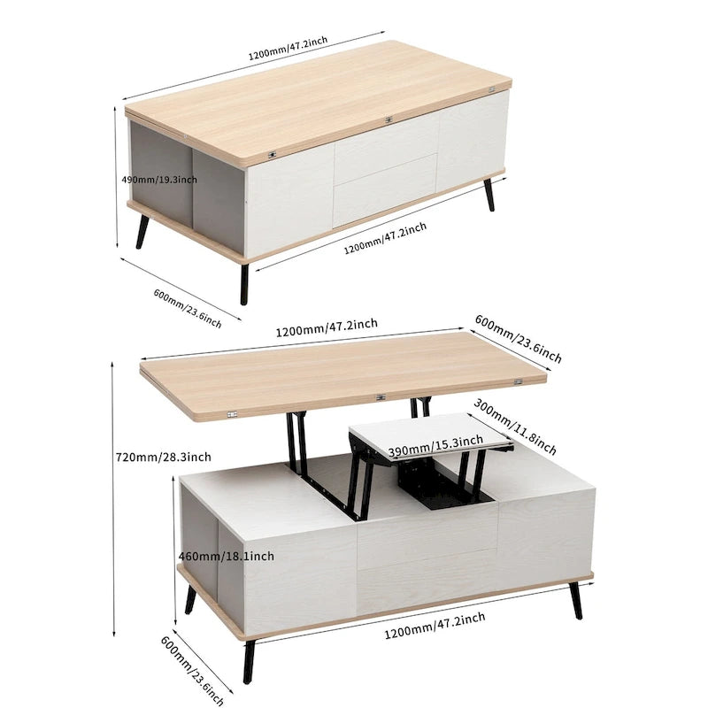 5-teiliges Couchtisch-Set mit aufklappbarer Tischplatte und Stauraum, umwandelbar zum Esstisch