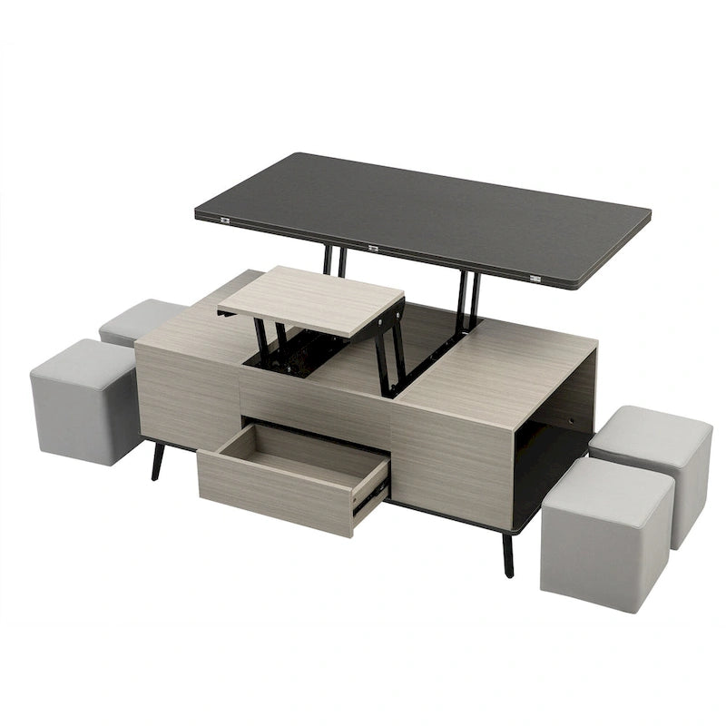 5-teiliges Couchtisch-Set mit aufklappbarer Tischplatte und Stauraum, umwandelbar zum Esstisch