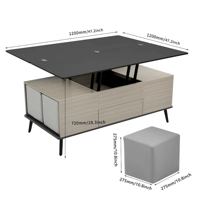 5-teiliges Couchtisch-Set mit aufklappbarer Tischplatte und Stauraum, umwandelbar zum Esstisch