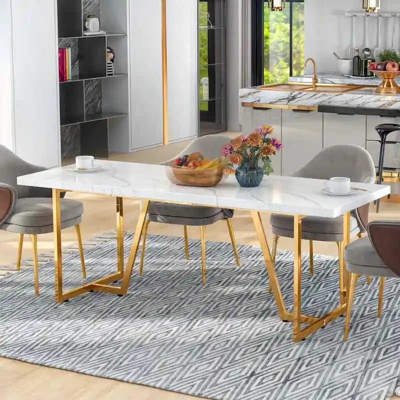 82 Zoll Esstisch aus Kunstmarmor, rechteckiger Tisch für 8-10 Personen mit Metallbeinen
