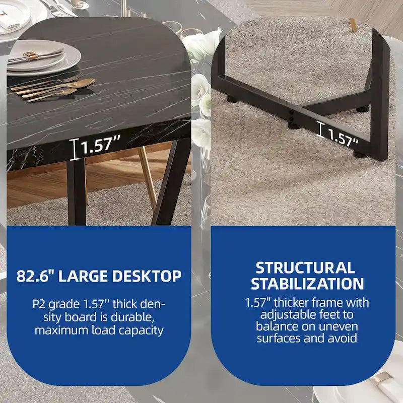82 Zoll Esstisch aus Kunstmarmor, rechteckiger Tisch für 8-10 Personen mit Metallbeinen