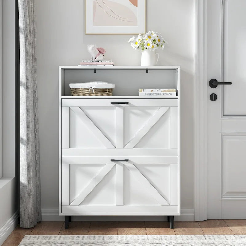 Schuhschrank mit Scheunentor-Design, Schuh-Organizer mit 2 Klappschubladen, freistehender schmaler Schuhschrank