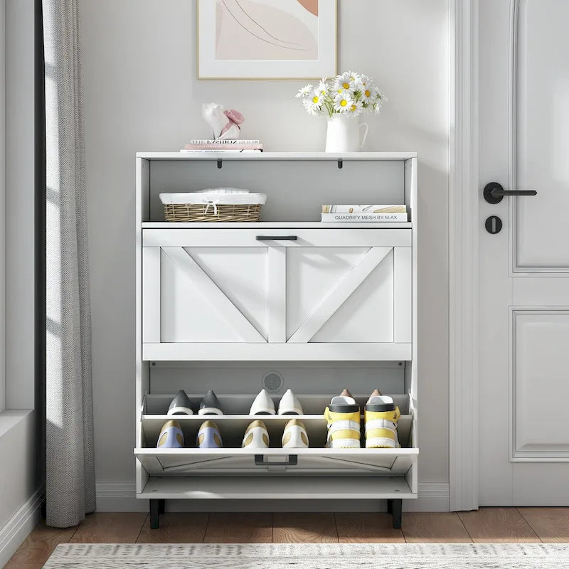 Schuhschrank mit Scheunentor-Design, Schuh-Organizer mit 2 Klappschubladen, freistehender schmaler Schuhschrank