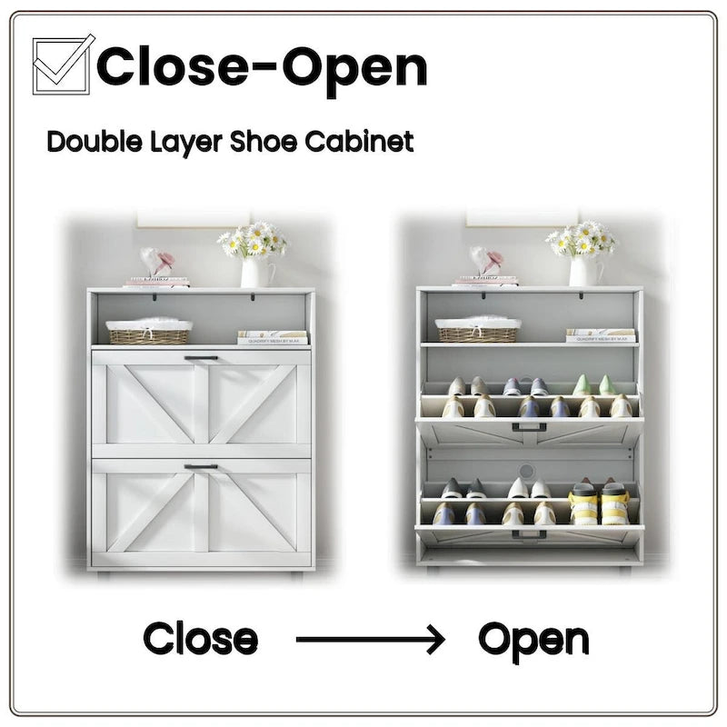 Schuhschrank mit Scheunentor-Design, Schuh-Organizer mit 2 Klappschubladen, freistehender schmaler Schuhschrank
