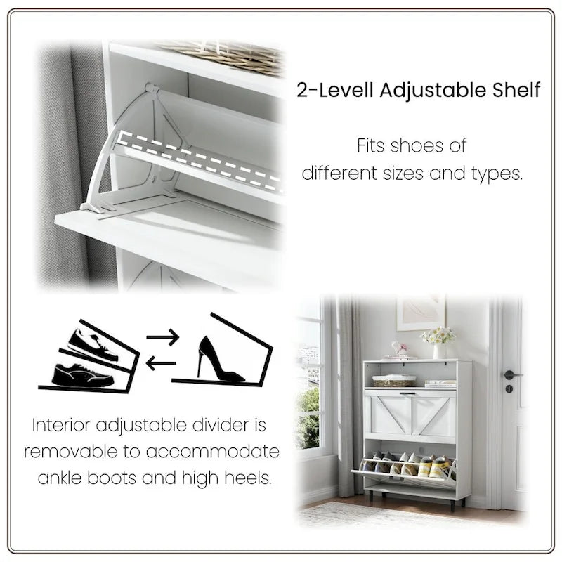 Schuhschrank mit Scheunentor-Design, Schuh-Organizer mit 2 Klappschubladen, freistehender schmaler Schuhschrank