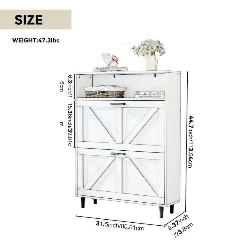 Schuhschrank mit Scheunentor-Design, Schuh-Organizer mit 2 Klappschubladen, freistehender schmaler Schuhschrank