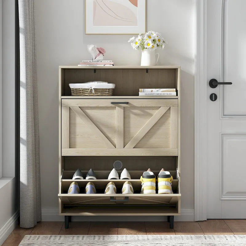 Schuhschrank mit Scheunentor-Design, Schuh-Organizer mit 2 Klappschubladen, freistehender schmaler Schuhschrank