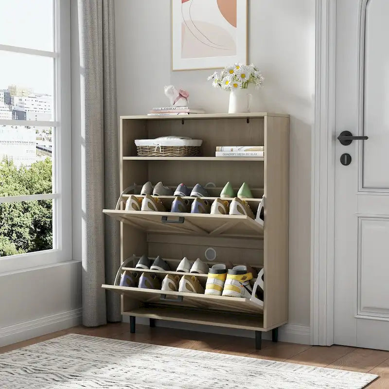 Schuhschrank mit Scheunentor-Design, Schuh-Organizer mit 2 Klappschubladen, freistehender schmaler Schuhschrank